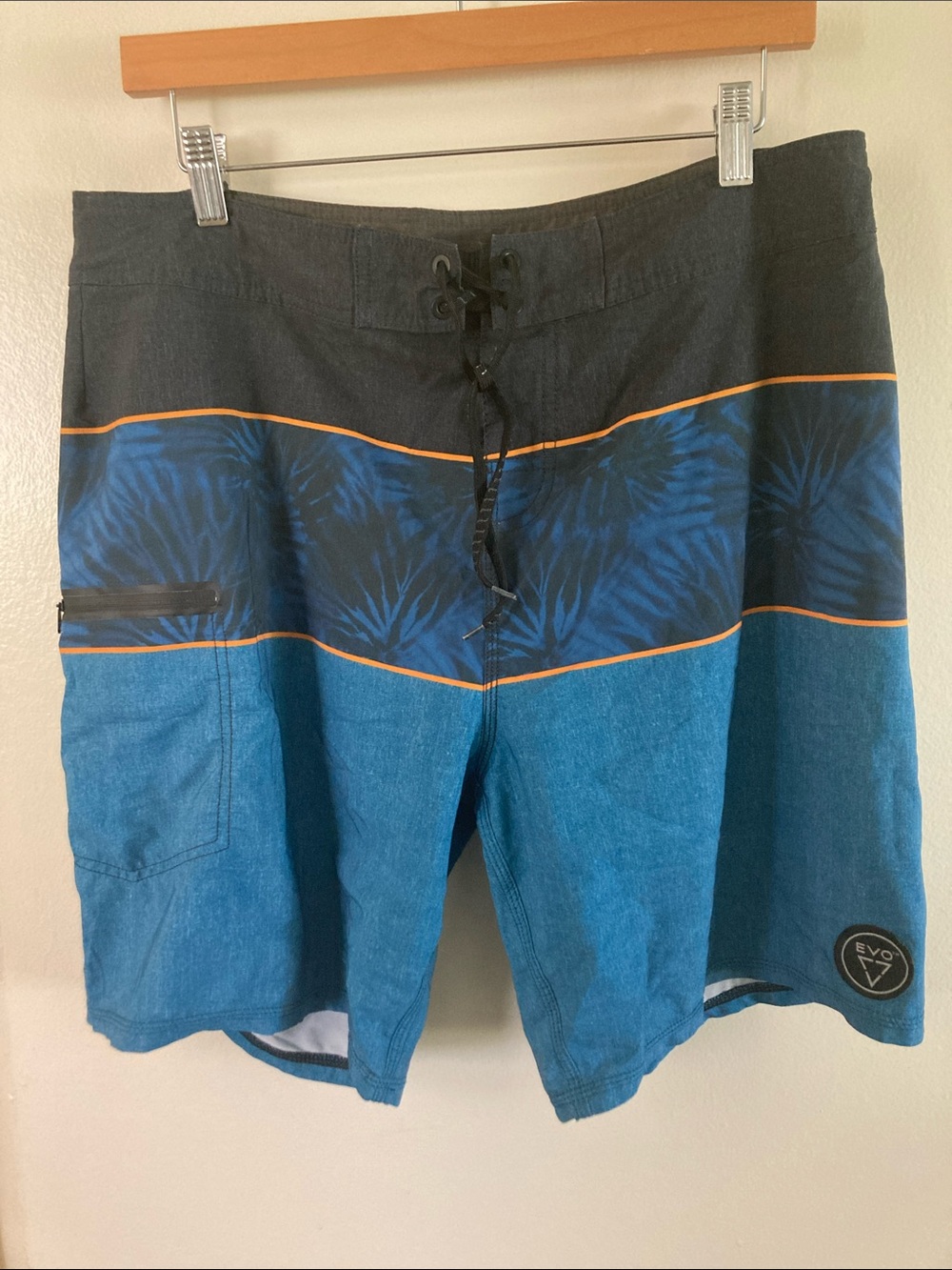Men's Blue and Black Board Shorts with Orange Trim — EVO